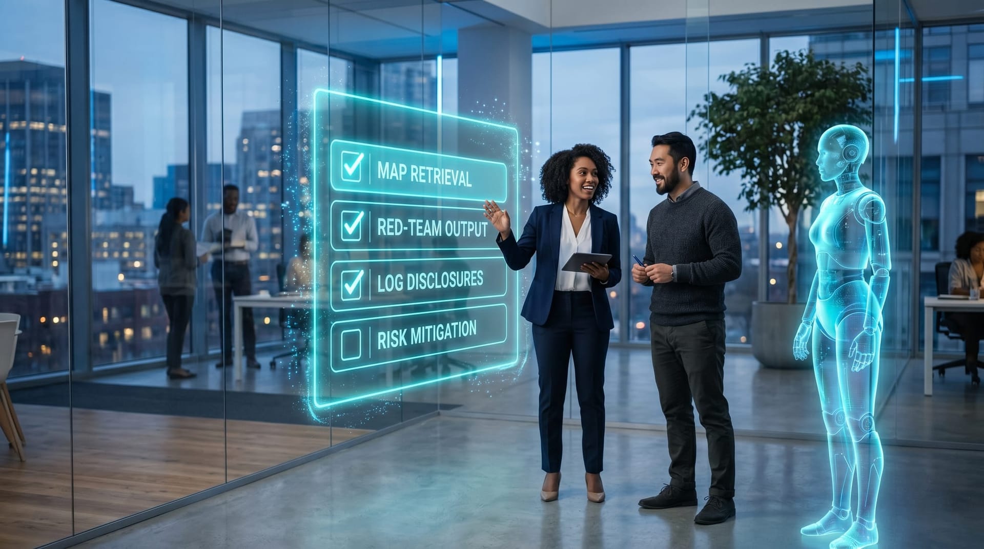Two colleagues run a deployed-chatbot privacy audit on a holographic checklist with a translucent cyan AI Employee avatar nearby