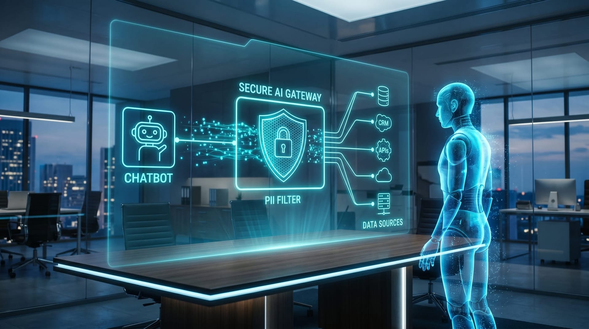 A holographic Secure AI Gateway filtering customer data between a chatbot and its data sources rendered in cyan above an office table