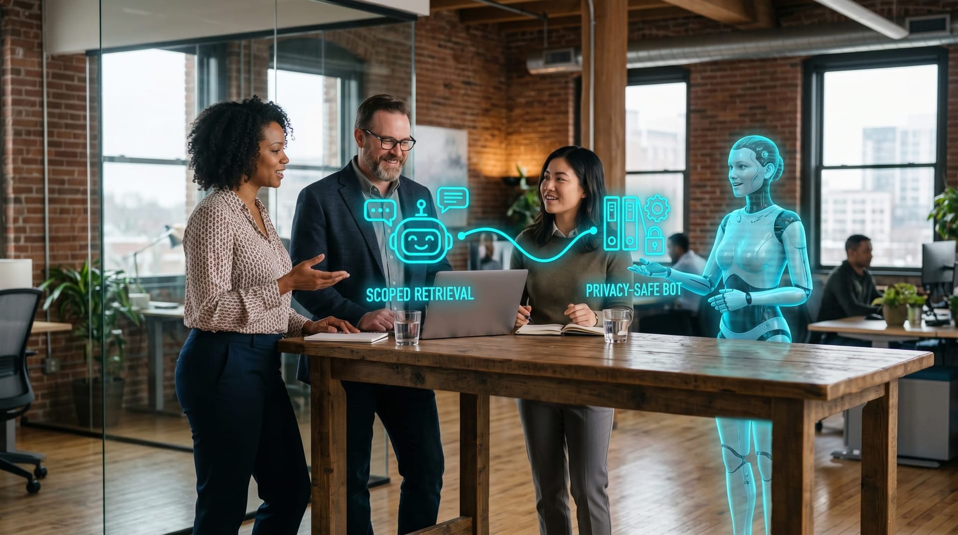 A Northeast Indiana professional services team reviews a scoped, privacy-safe customer chatbot deployment on a glowing cyan holographic display