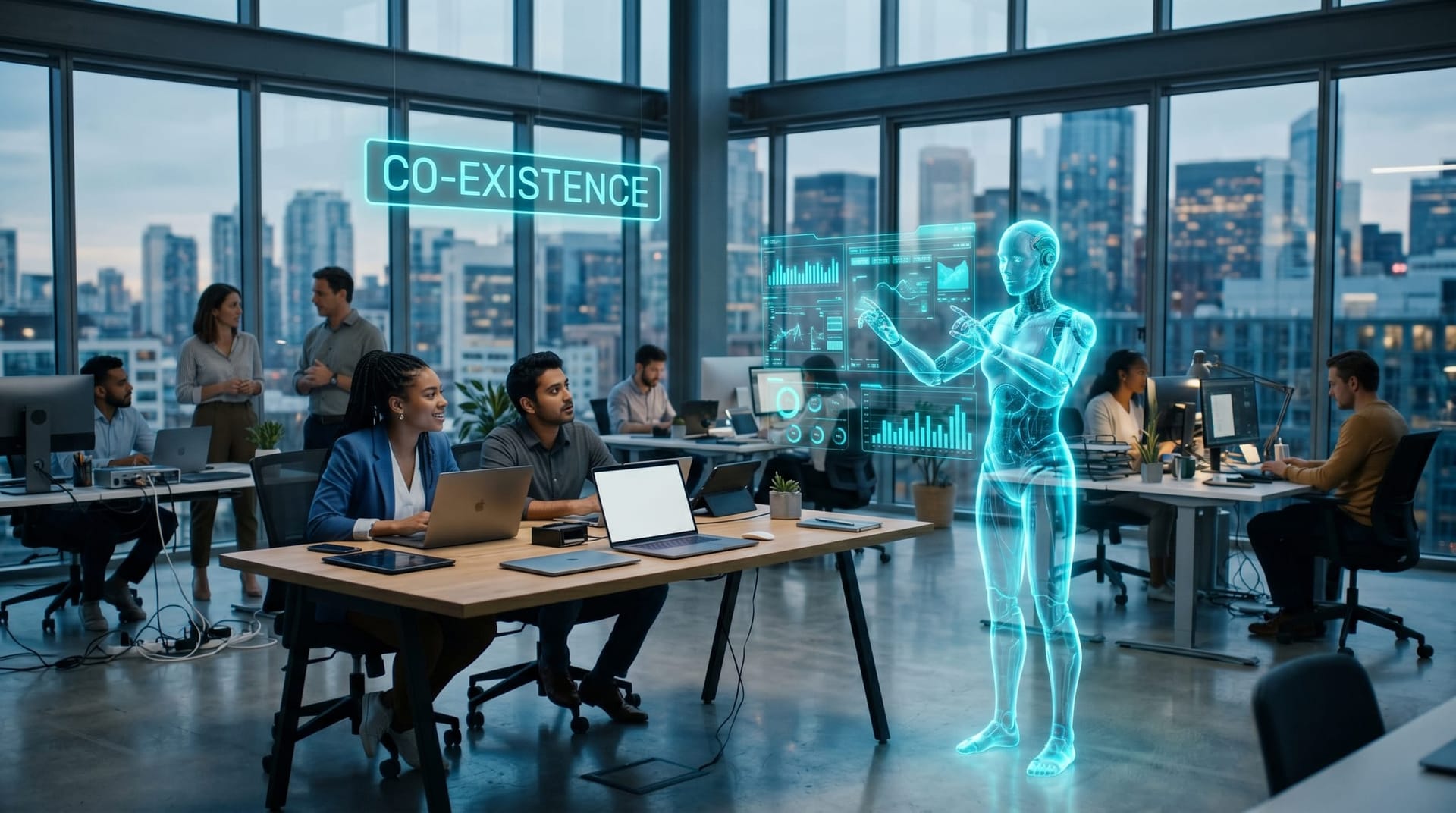 Business professionals working alongside an autonomous holographic AI avatar acting independently on its own floating dashboards in a glass-walled office
