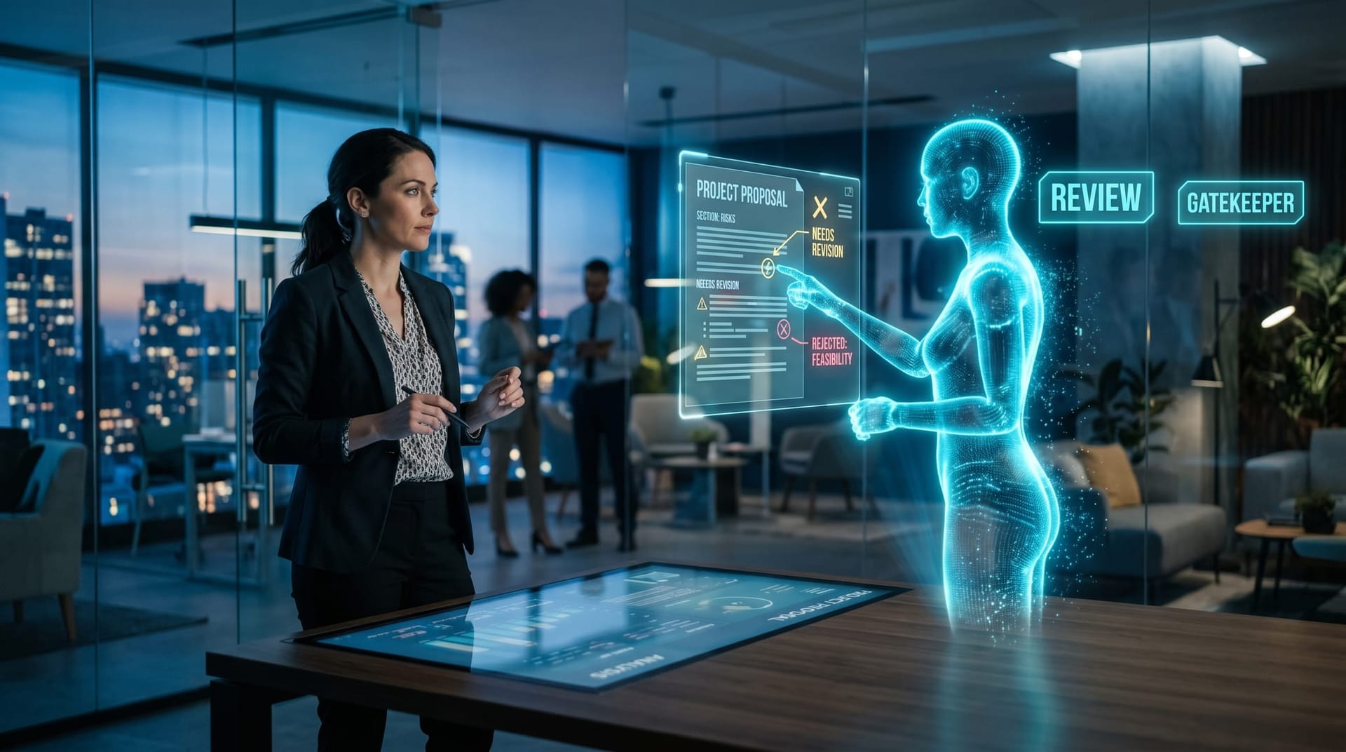 A holographic AI avatar acting as reader, critic and gatekeeper reviewing a person's work on floating cyan panels in a cool-lit modern office