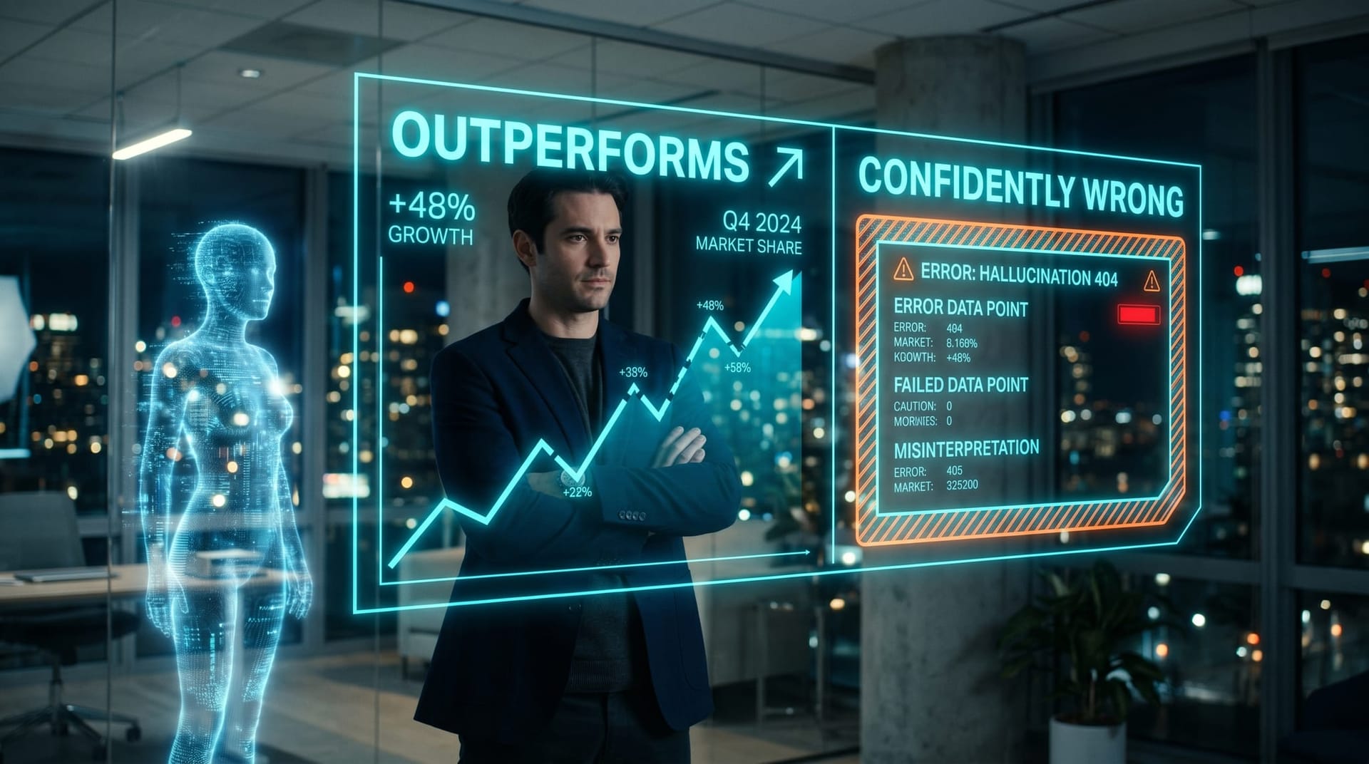 A split holographic display showing an AI agent producing impressive results on one side and confidently wrong output flagged on the other