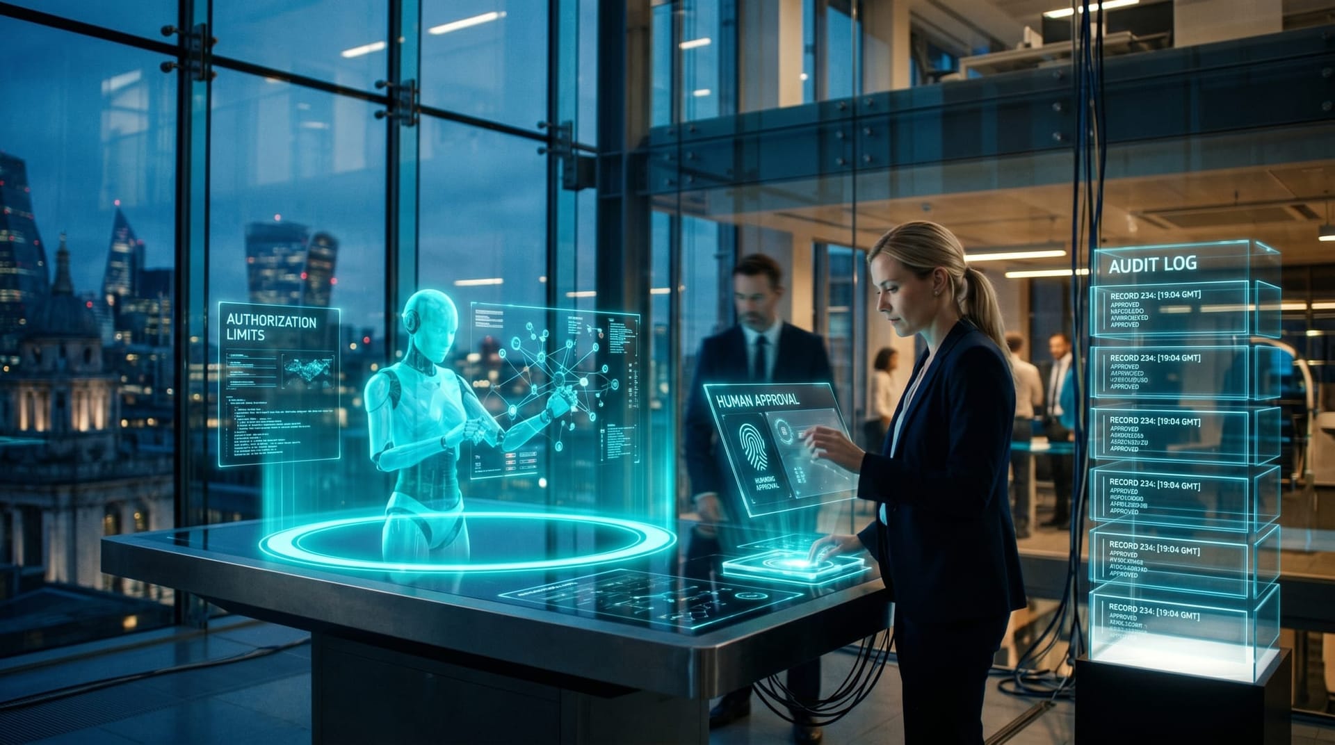 An autonomous holographic AI agent operating within glowing cyan authorization boundaries with a human approval gate and audit trail in a futuristic office