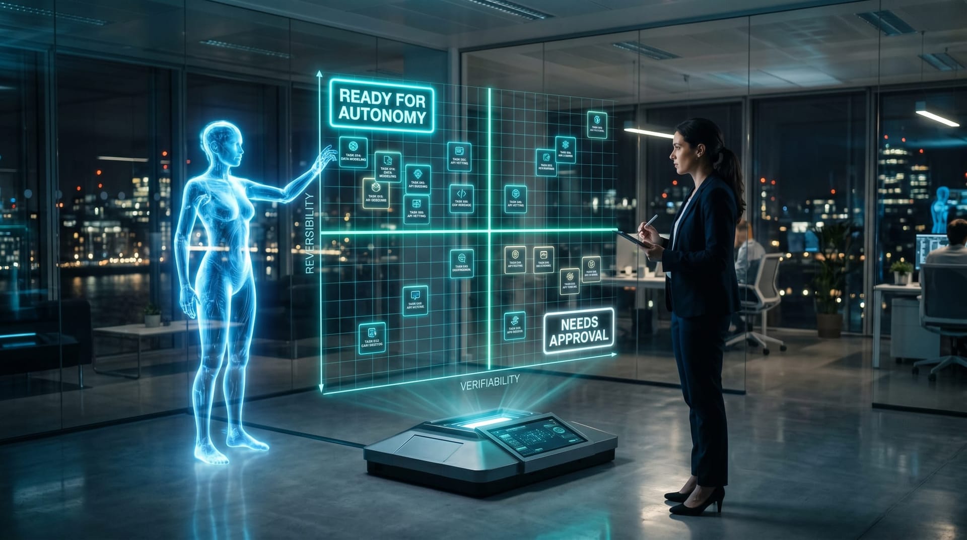 A holographic matrix sorting business tasks into ready-for-autonomy and human-approval-required lanes by reversibility and verifiability in a glass office