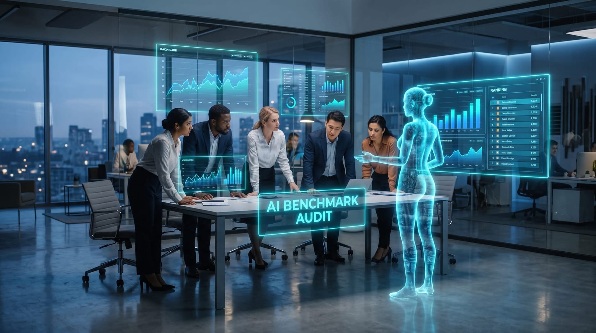 Business team studying floating holographic benchmark dashboards beside a translucent AI avatar in a glass-walled office, evaluating AI coding agent results