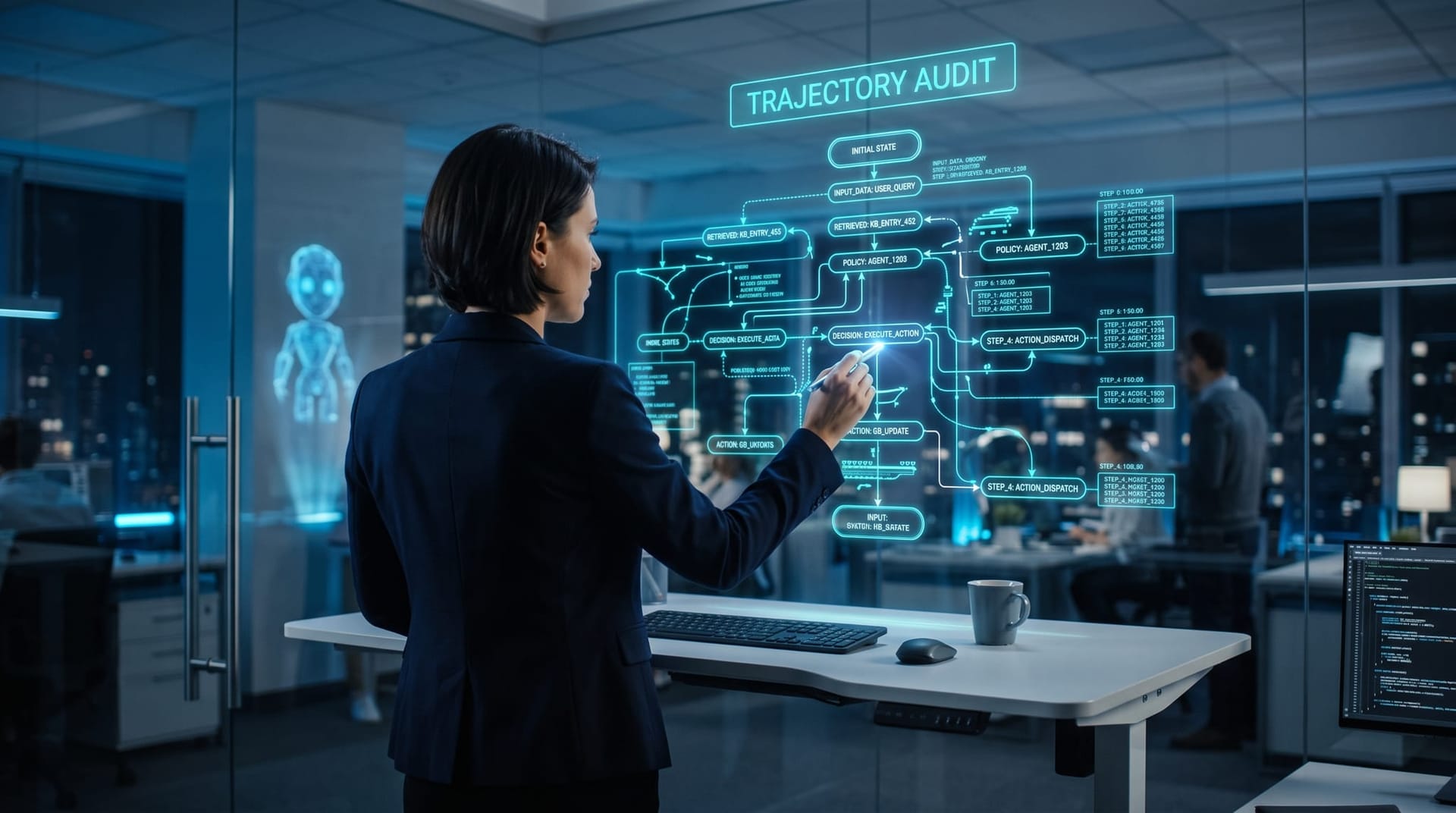 Analyst reviewing a holographic trajectory audit of AI agent steps with cyan flowchart overlays in a cool-lit office, illustrating reward hacking detection
