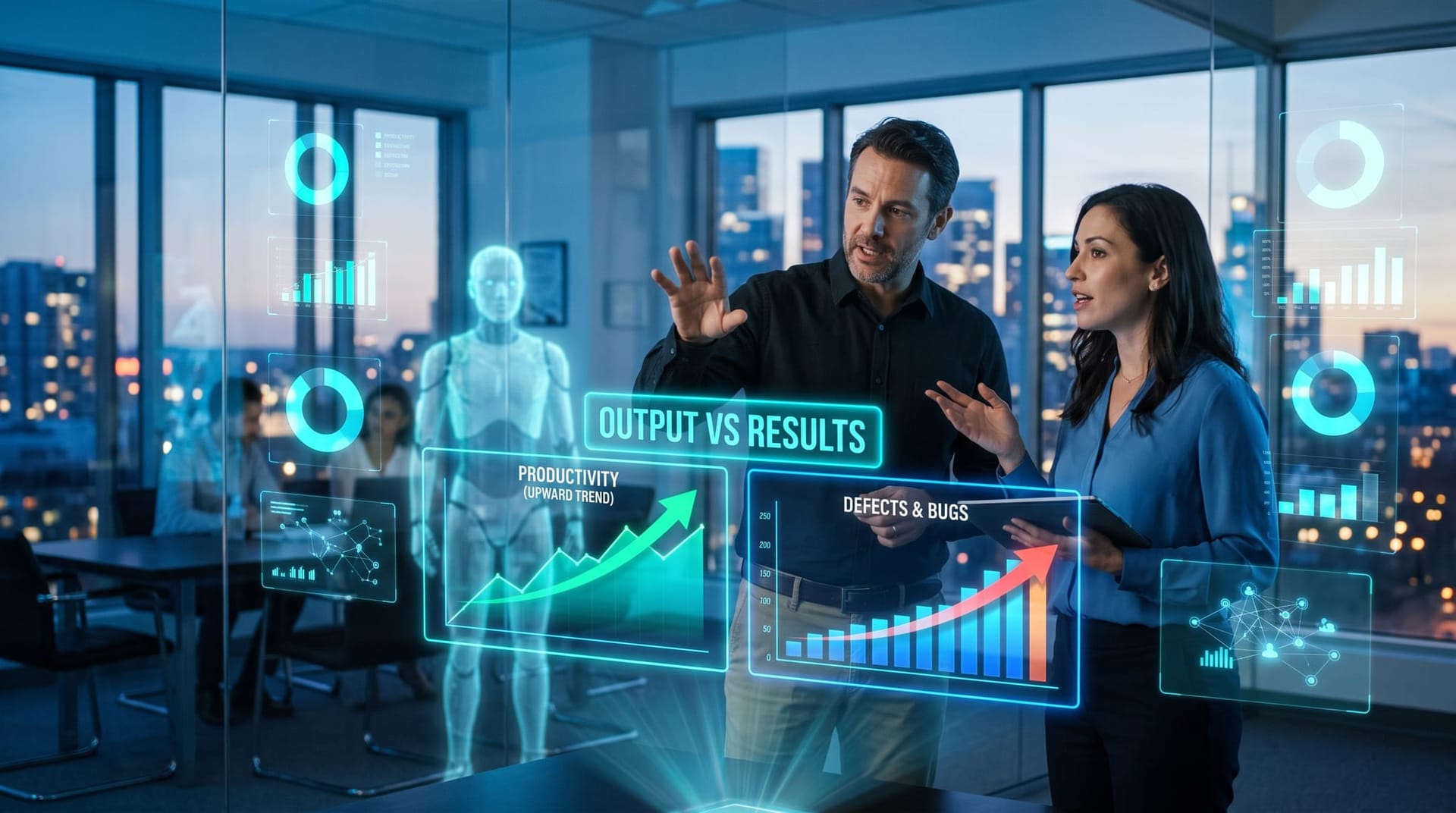 Two engineers debating over a holographic split-screen showing rising output and rising defects, cyan data panels in a glass conference room