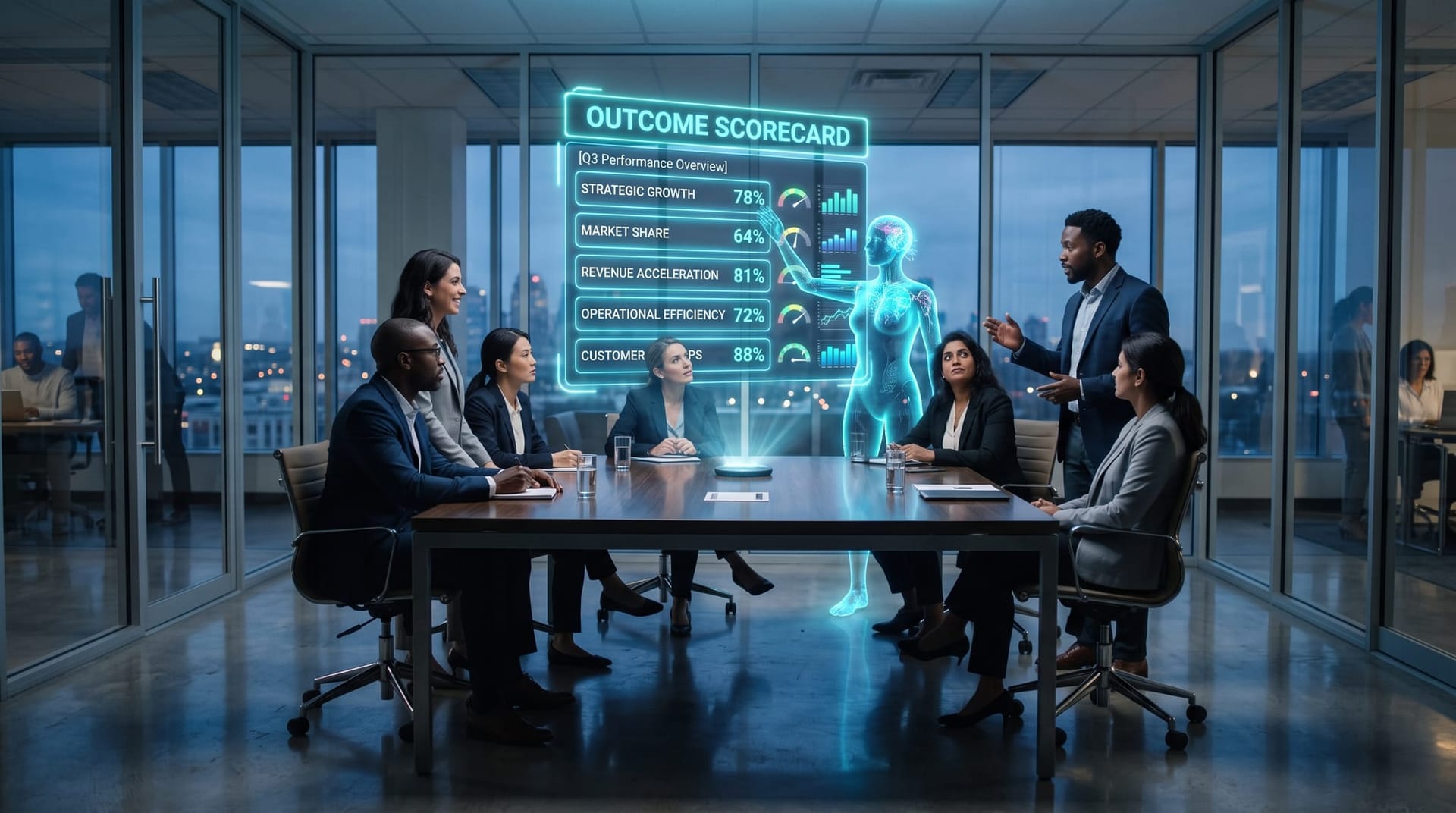 Leadership team reviewing a five-metric AI evaluation scorecard on floating cyan panels around a conference table in a modern glass office