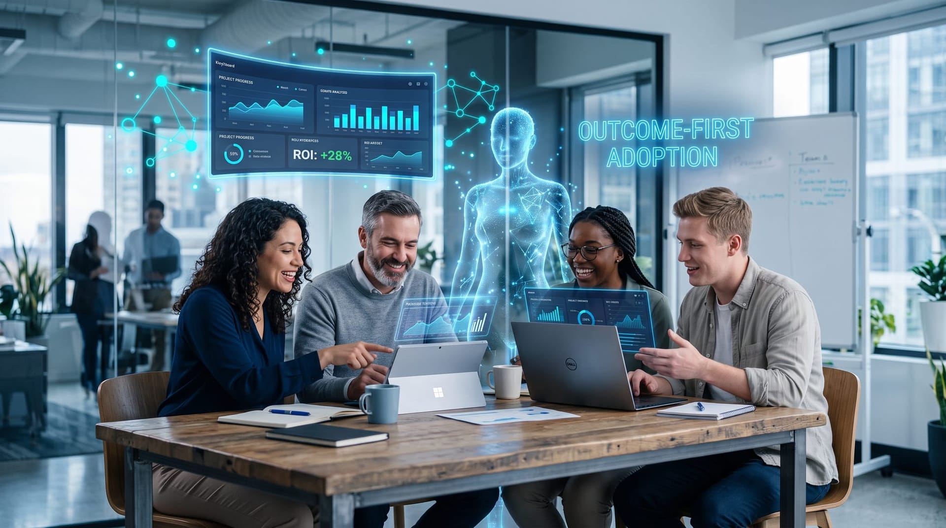 Small Northeast Indiana business team confidently planning AI adoption with cyan holographic charts in a bright modern Midwest office interior
