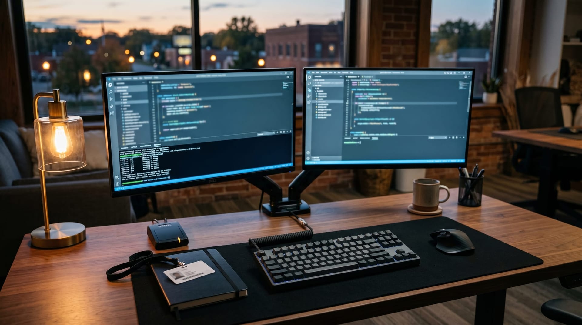 Empty Northeast Indiana development workstation at dusk with dual monitors showing blurred terminal output and a locked-down access card reader, representing the AI coding agent supply-chain security audit every Fort Wayne business needs to run this quarter.