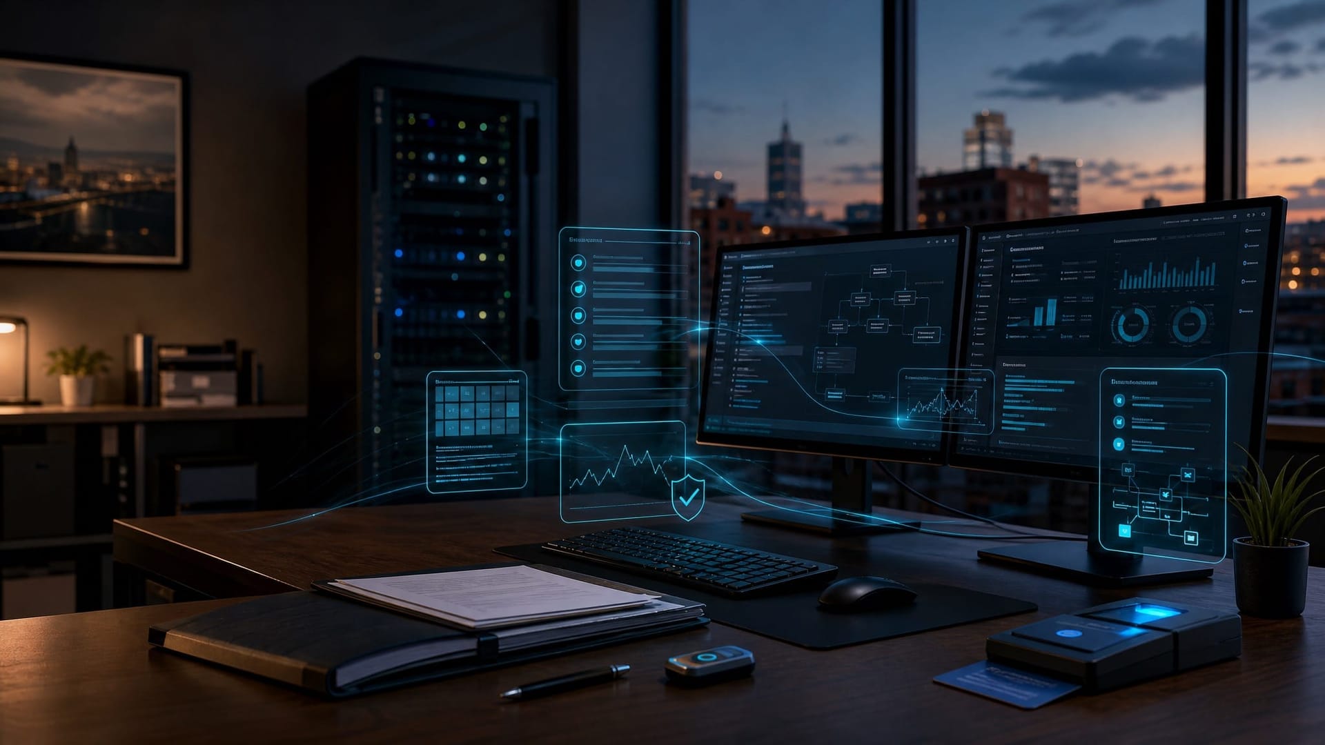Empty Northeast Indiana development workstation at dusk with dual monitors showing blurred terminal output and a locked-down access card reader, representing the AI coding agent supply-chain security audit every Fort Wayne business needs to run this quarter.