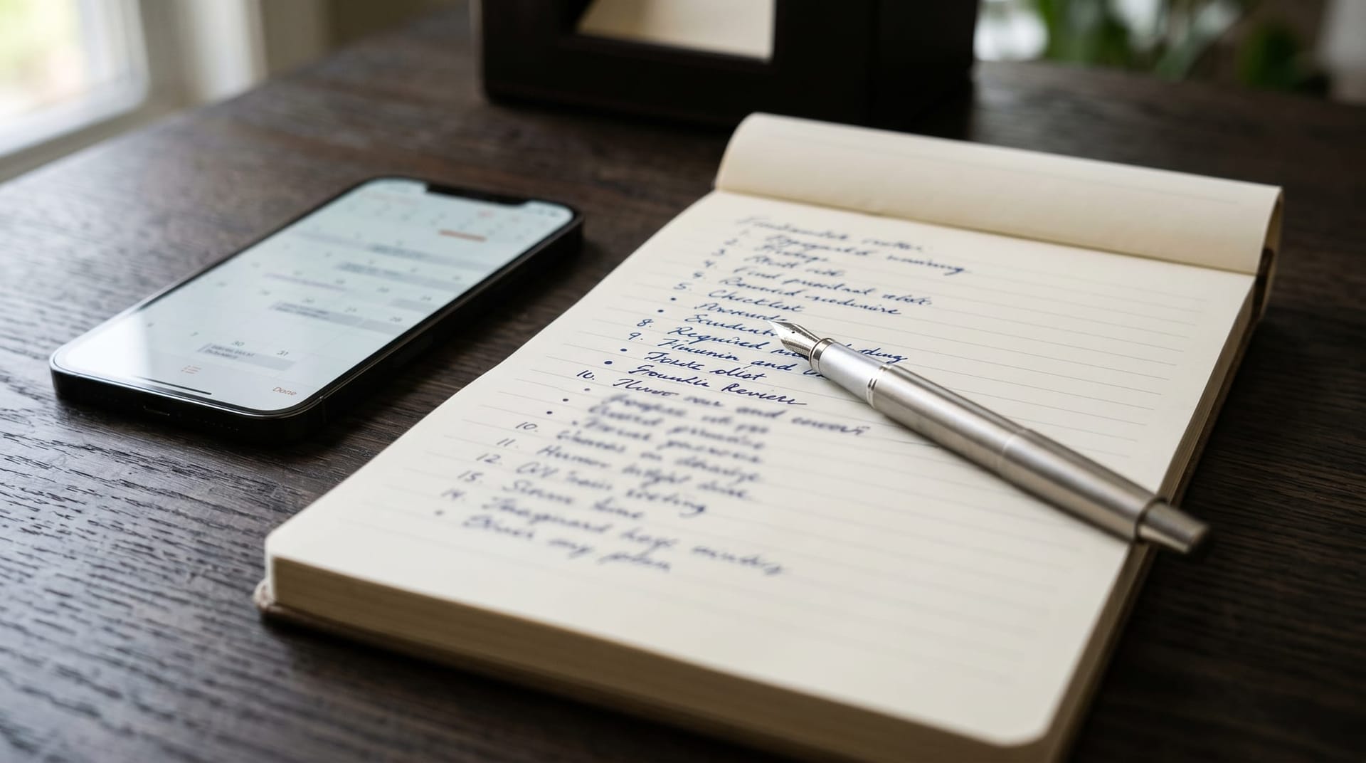 Professional notepad with a neatly handwritten blurred list of vendor audit questions beside a clean fountain pen and a smartphone, conveying the seven-question AI coding agent disclosure checklist for Northeast Indiana MSP relationships.