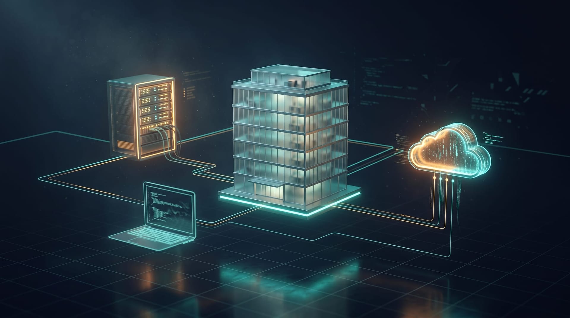 Abstract conceptual illustration of interconnected office buildings, server racks, and laptop silhouettes linked by thin glowing lines, representing a Fort Wayne business's vendor supply chain and AI coding agent exposure path.