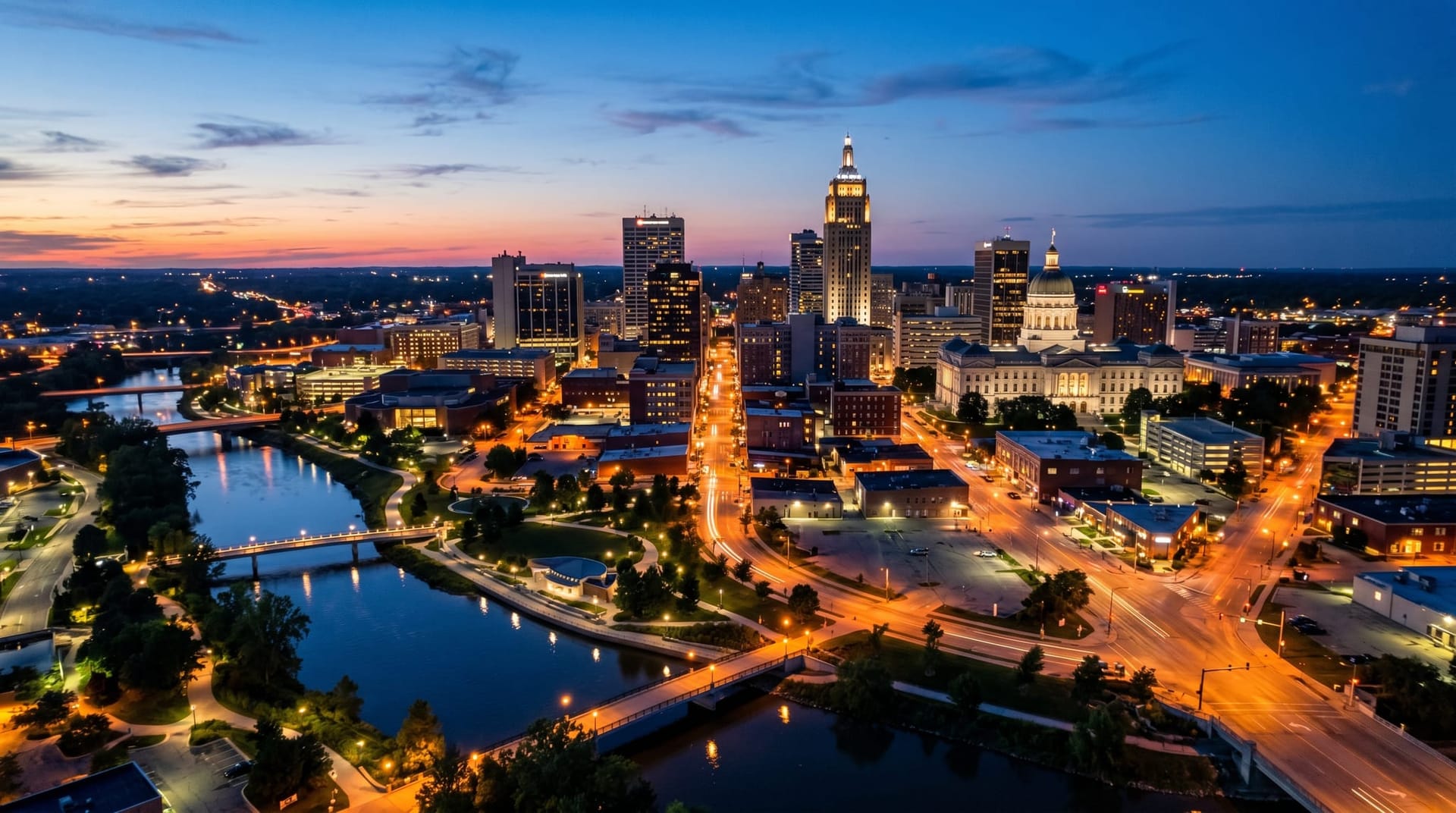 Aerial view of downtown Fort Wayne, Indiana at dusk with the Lincoln Tower and Allen County Courthouse silhouetted against a deep blue sky, representing Northeast Indiana businesses navigating AI coding agent vendor risk.