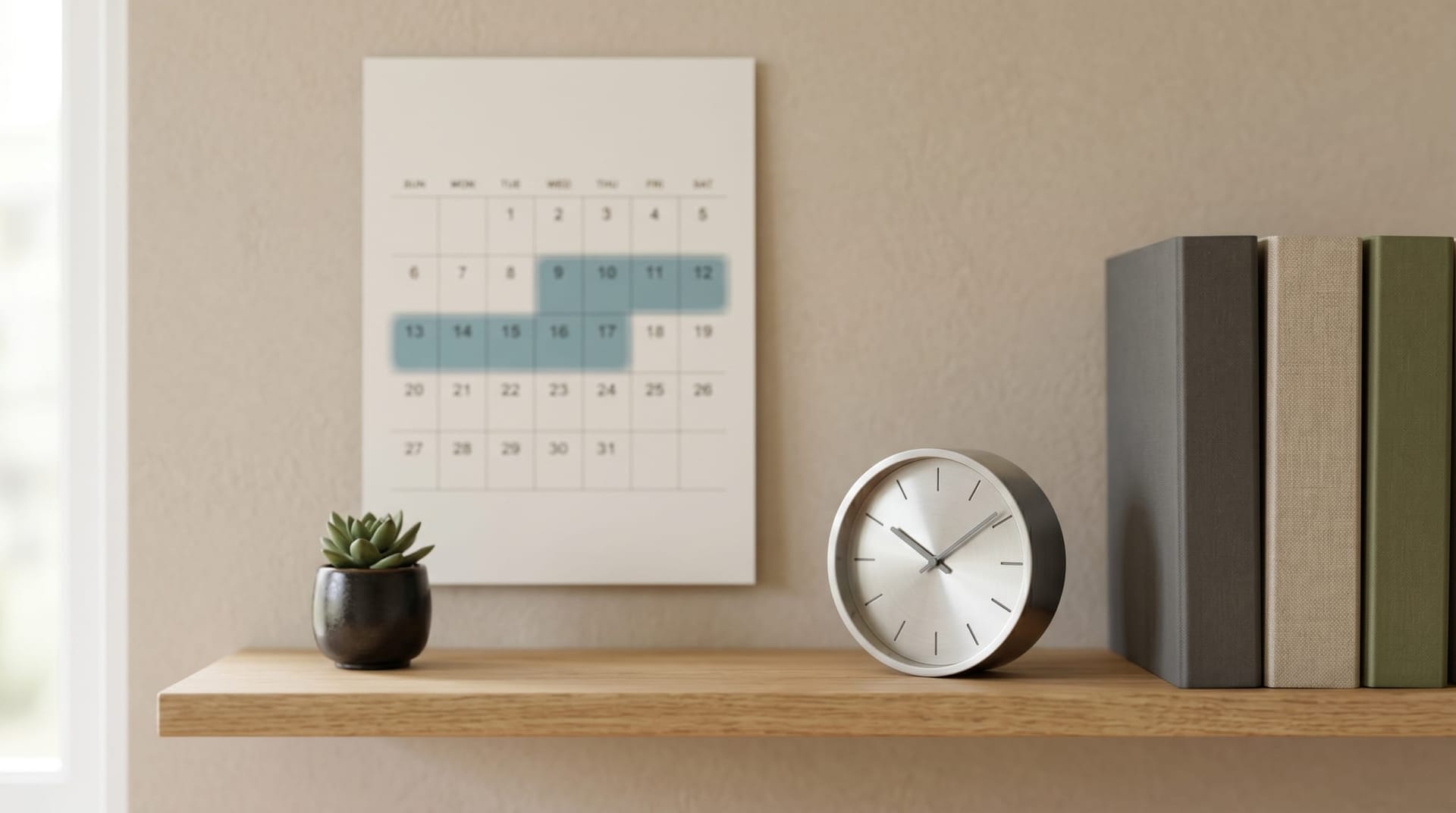 Clean office wall calendar with a blurred sixty-day span highlighted by a soft colored marker, beside a steel desk clock and a neat stack of policy binders, representing the 60-day readiness plan for AI coding agent supply-chain security.