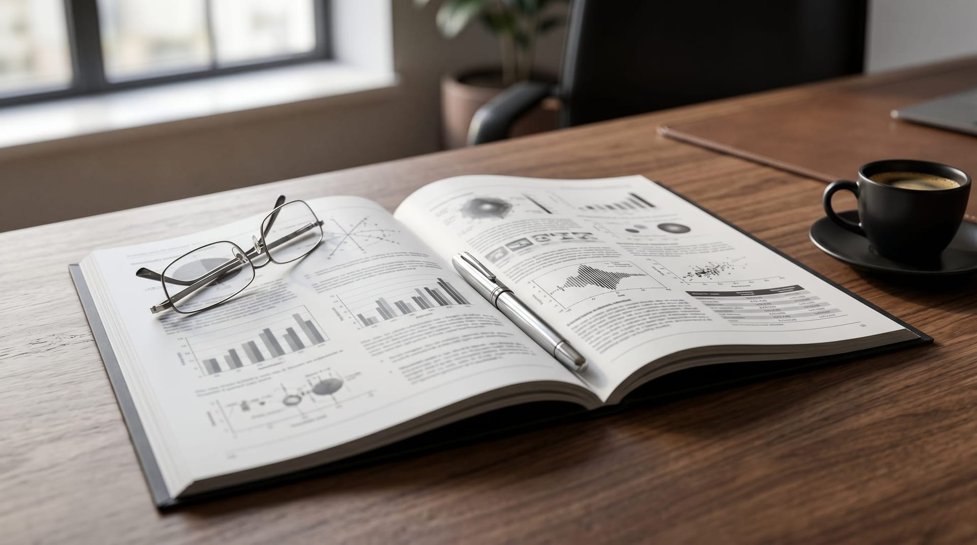 Clean desk with an open bound document showing blurred technical diagrams and charts beside a metal pen and pair of reading glasses, representing an AI vendor system card as a procurement artifact for Fort Wayne buyers.