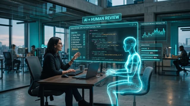 Senior developer collaborating with a holographic AI coding agent to review code on a large screen in a modern office