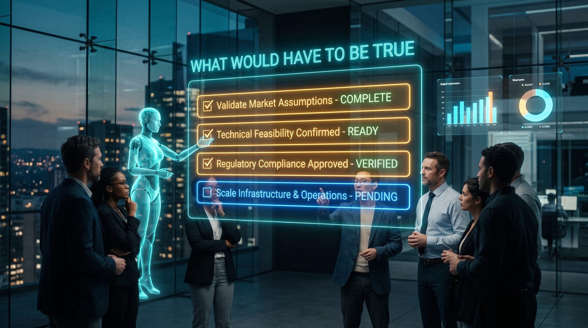 Team mapping four conditions for AI coding agents on a holographic checklist board in a glass-walled office