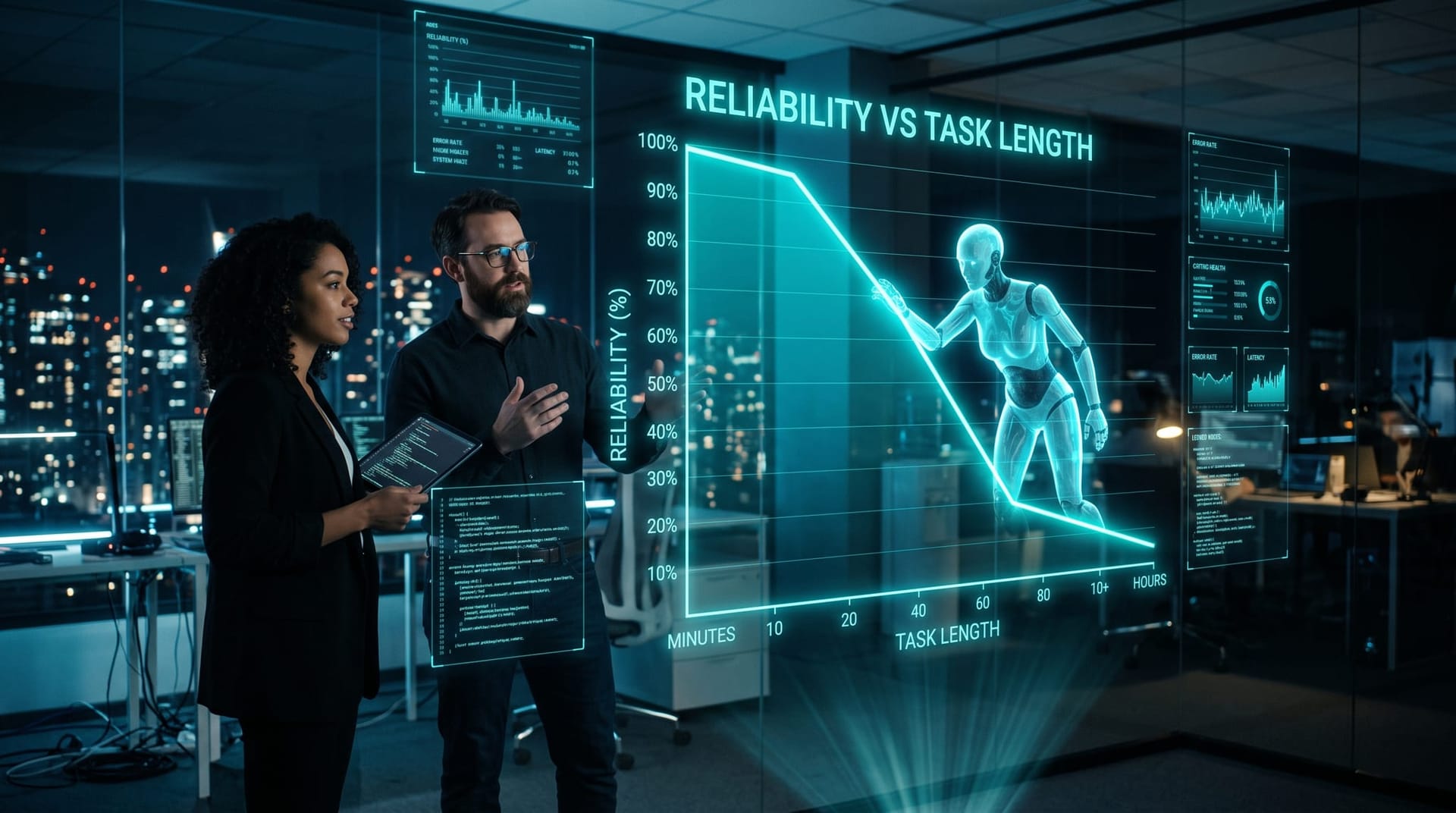 Holographic curve showing AI reliability dropping sharply as task length grows from minutes to hours