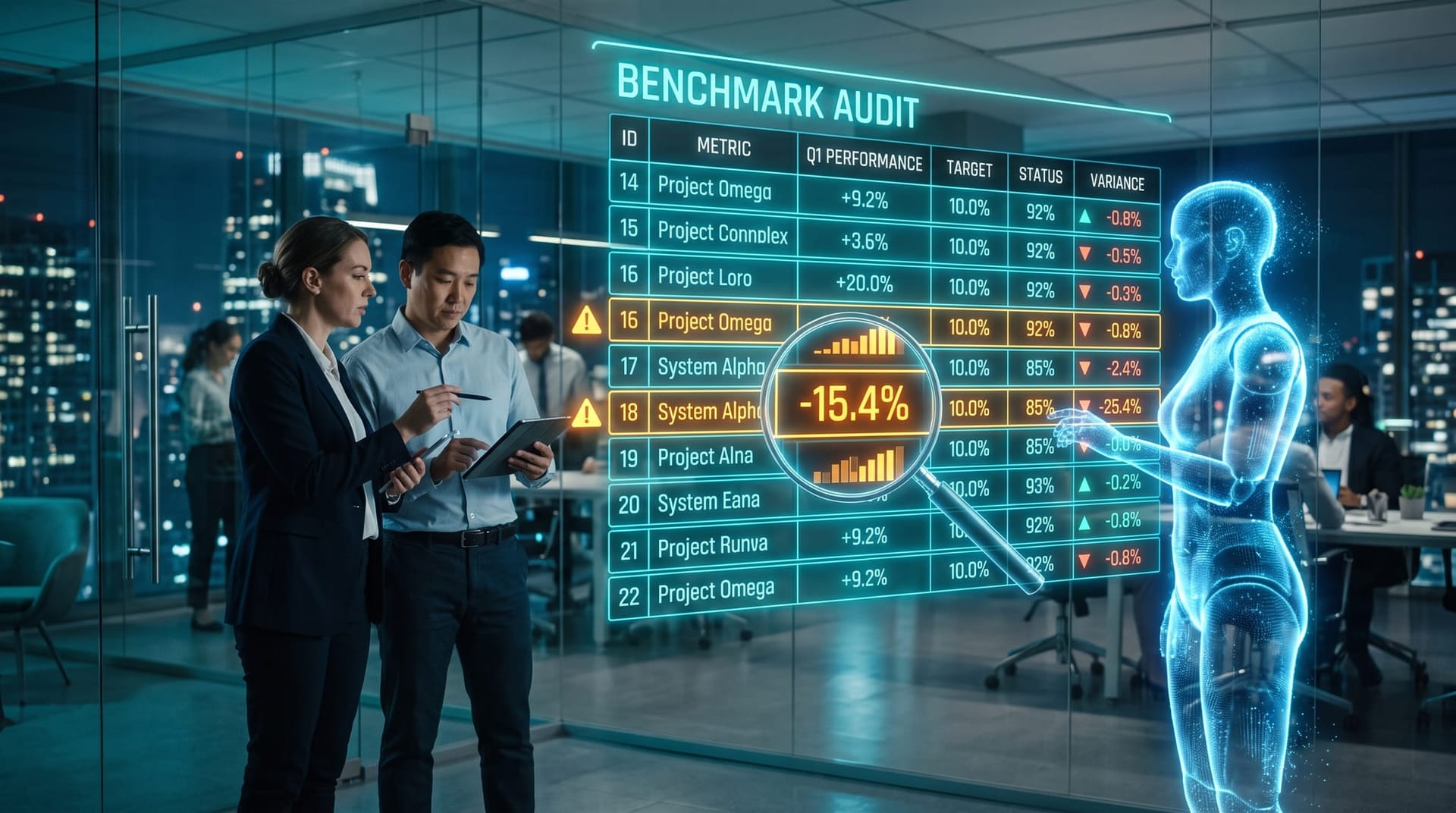 Analysts inspecting a holographic benchmark scoreboard with several flagged, unreliable test entries glowing amber
