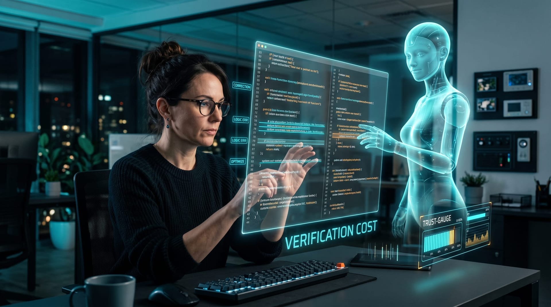 Senior engineer reviewing and correcting holographic AI-generated code, illustrating the cost of verification