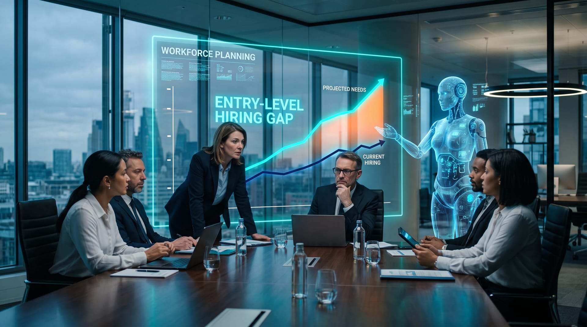 Holographic workforce chart showing the widening employment gap for young workers in AI-exposed roles