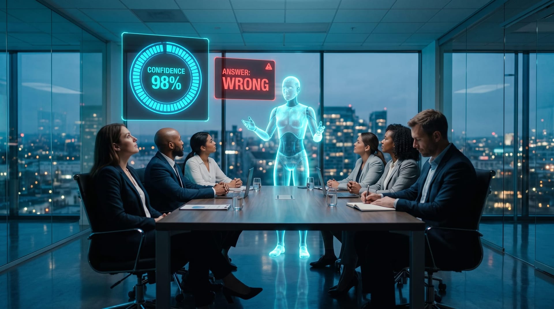 A translucent cyan holographic AI avatar shows a high confidence meter while a floating verification panel flags its answer wrong to a business team