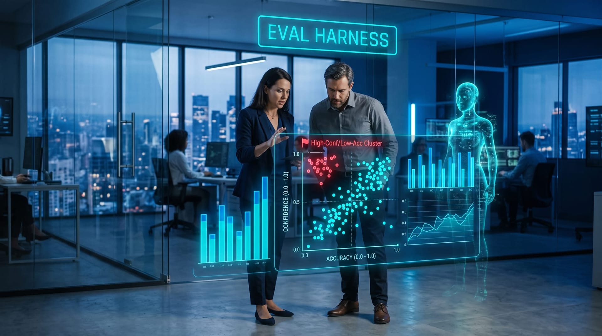 An eval harness dashboard of glowing cyan bar charts scoring AI model outputs against ground truth reveals confidently wrong answers a human review missed