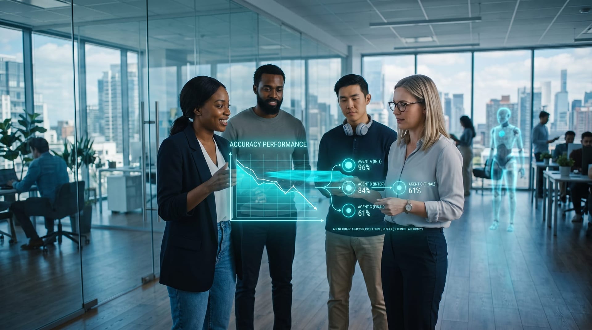 A confidently wrong AI summary passes hand to hand across an office as a floating cyan panel shows the error compounding through an agent chain