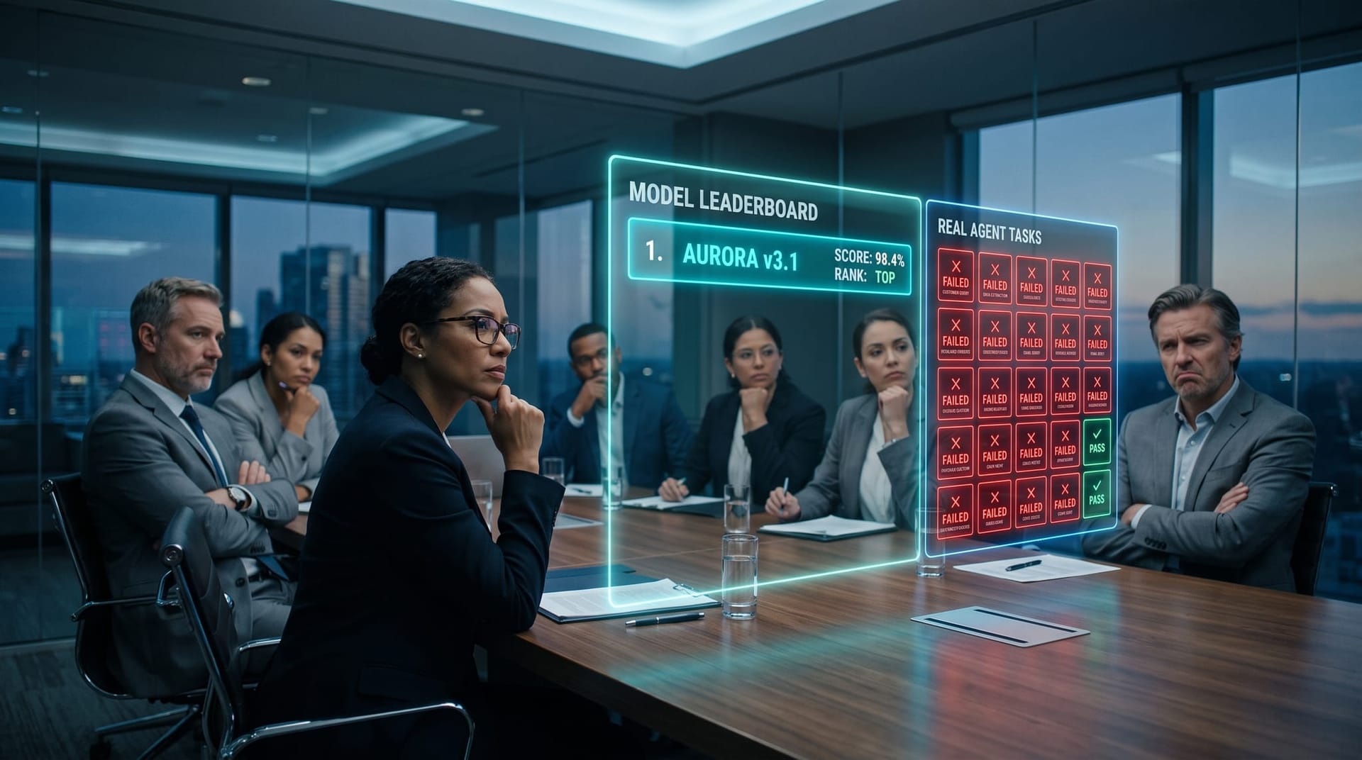 A glowing leaderboard ranking floats above a conference table while a separate cyan panel shows real agent tasks failing on live business tools