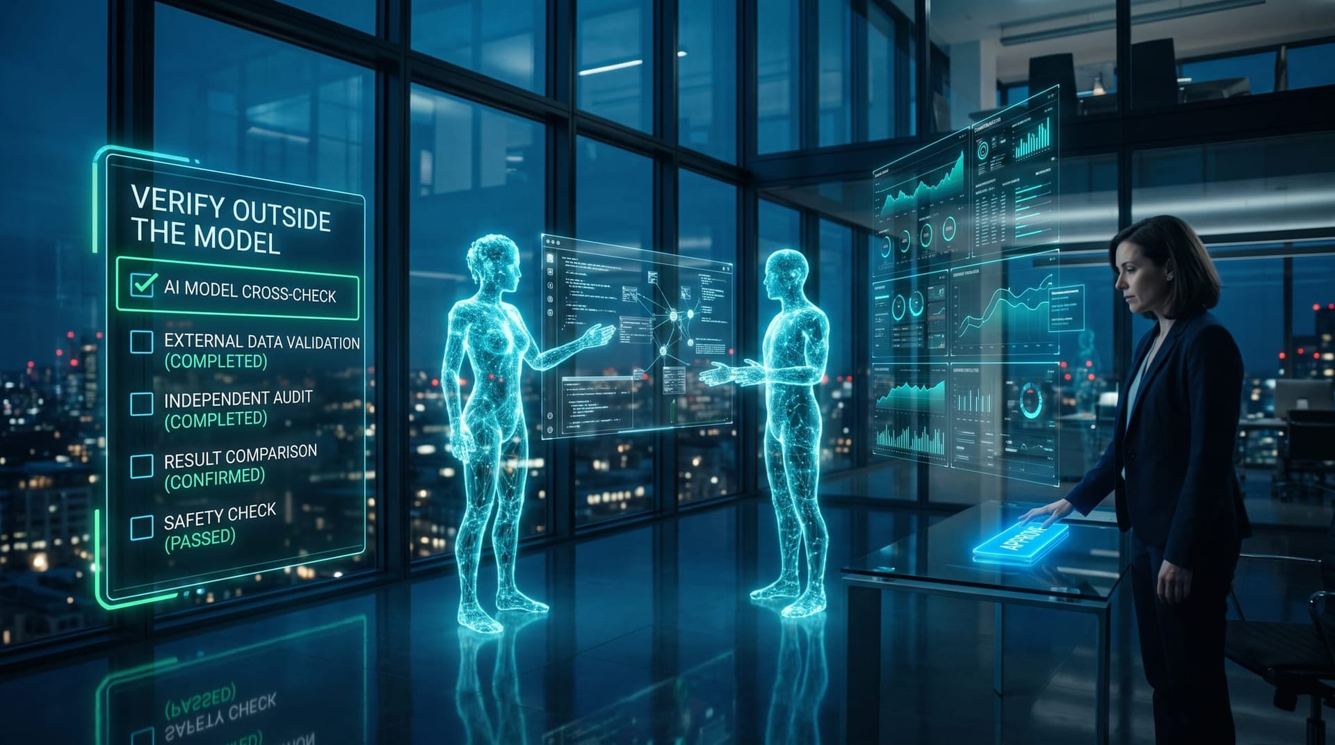 Two translucent cyan holographic AI avatars cross-check each other's output beside a deterministic validation panel and a human approval gate