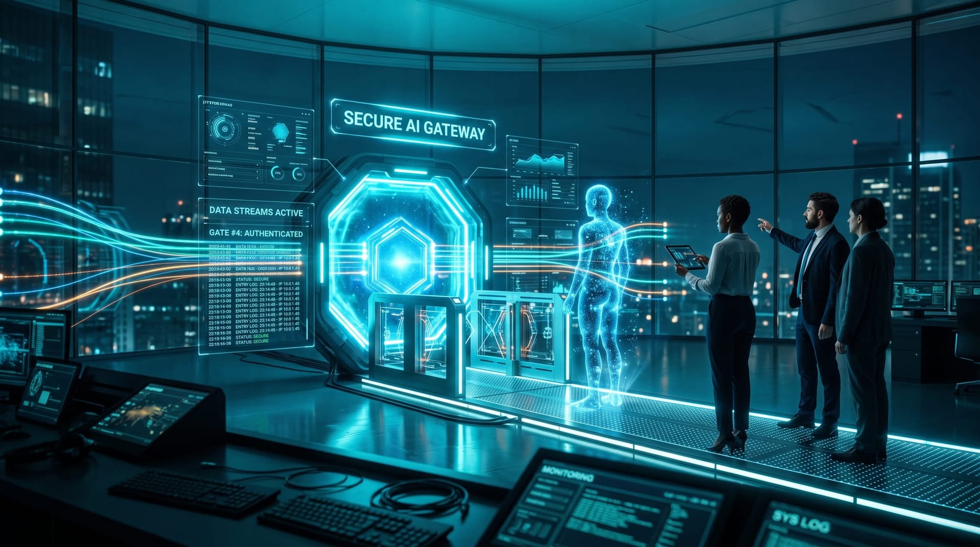 A Secure AI Gateway control point routes AI actions through verification and approval gates with an auditable cyan log panel in a glass office