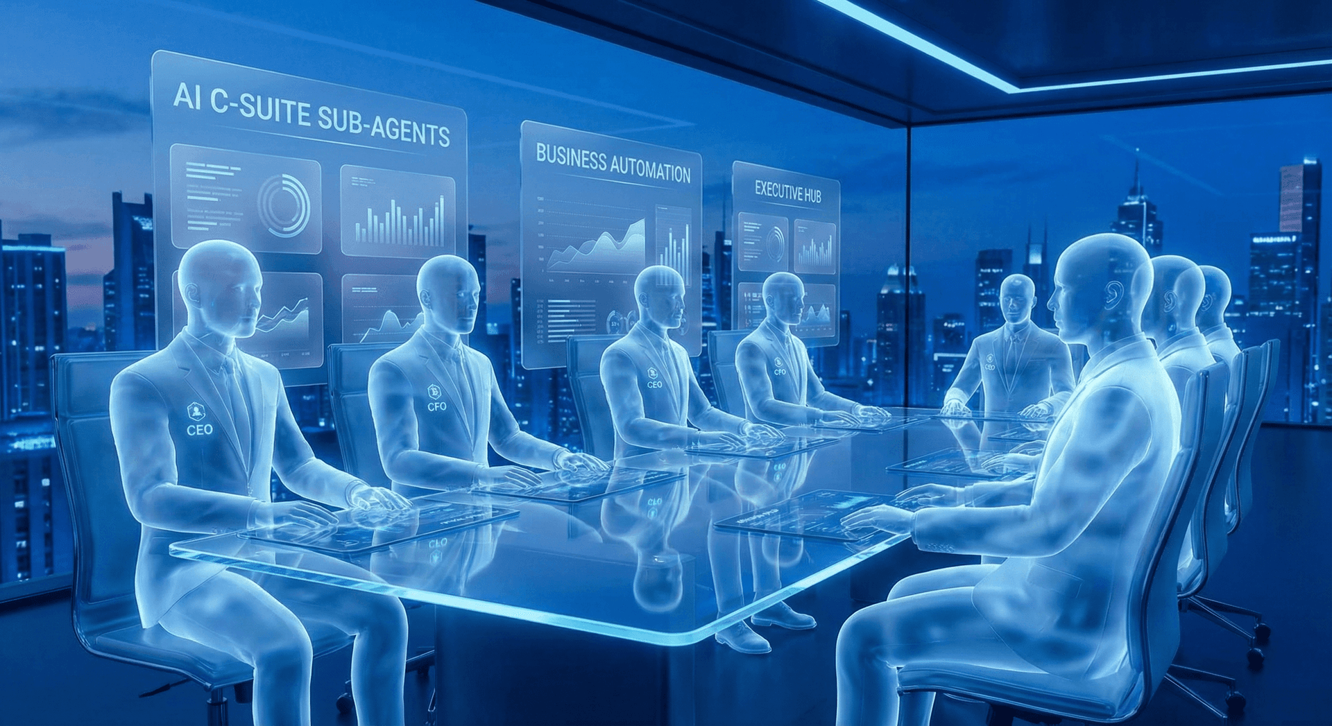 Modern AI C-Suite sub-agent team collaboration interface showing multi-agent orchestration and personality-driven decision support