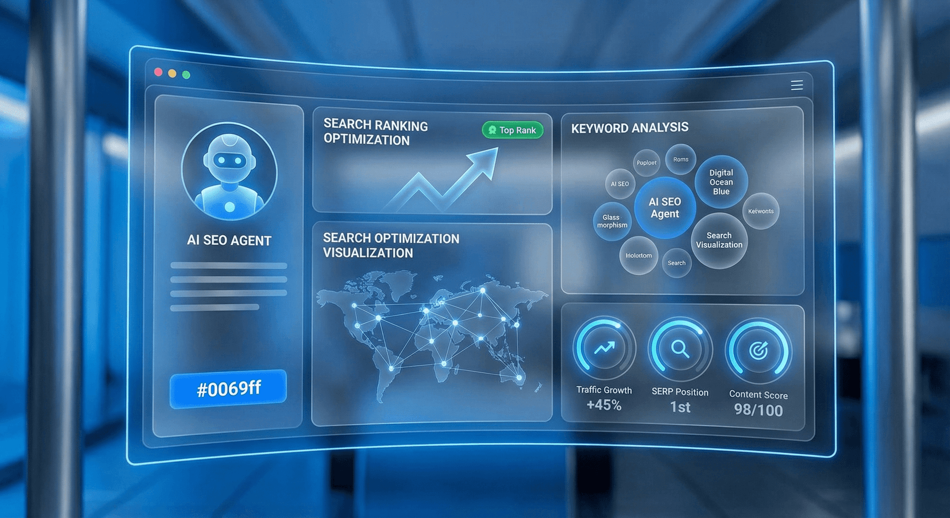 AI SEO sub-agent optimizing search rankings, analyzing keyword opportunities, and coordinating content strategy with the marketing team