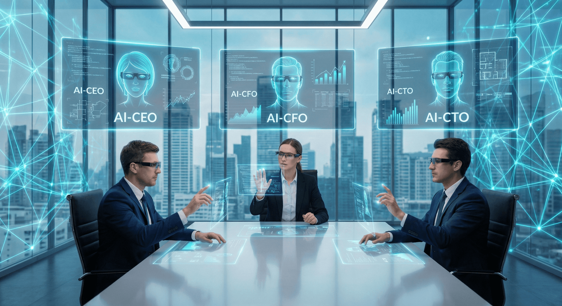 AI C-Suite team of specialized sub-agents including CMO, CFO, and CEO agents working together on business strategy