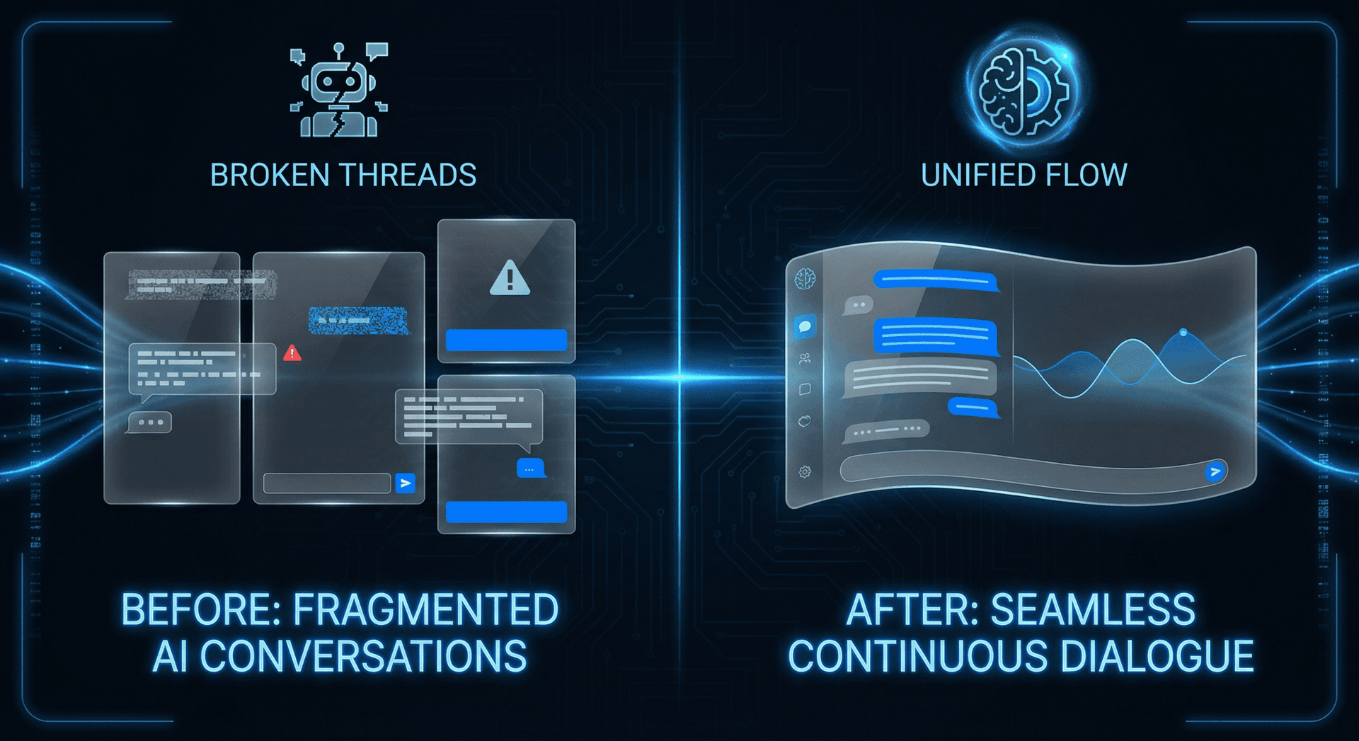 Side-by-side comparison of session-based AI that forgets everything versus persistent memory AI that retains business knowledge across conversations