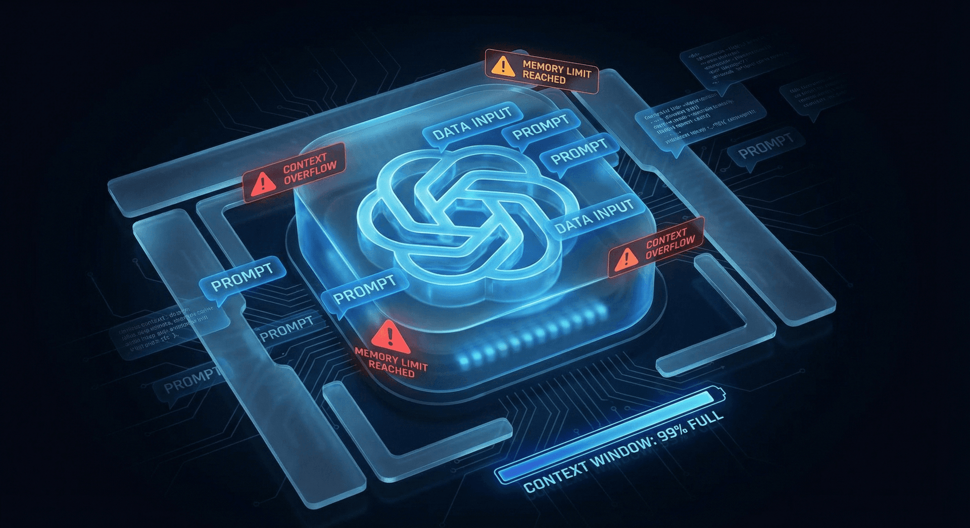 Visualization of AI context window limitations showing how conversation data is lost when the token buffer fills up and the session ends