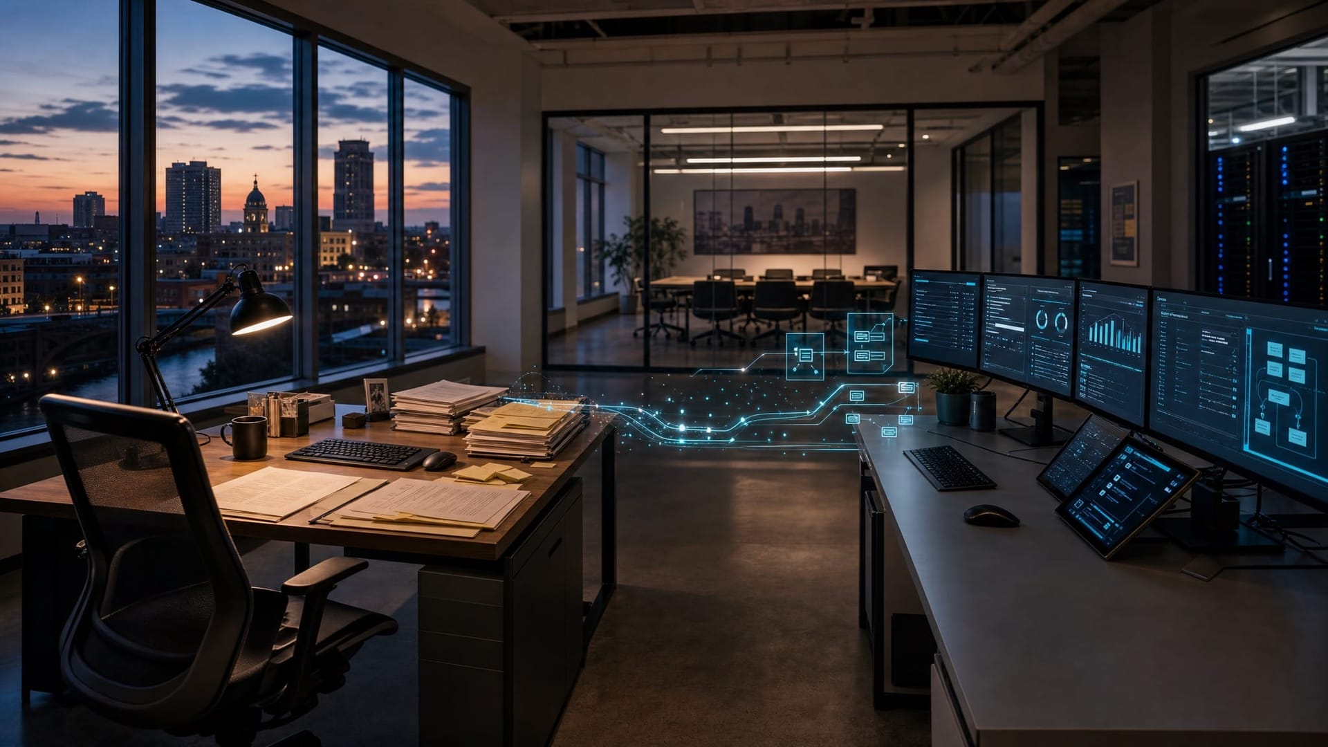 Empty Northeast Indiana office workspace with two facing desks, illustrating the human-to-AI workforce transition Fort Wayne employers will navigate in 2026.