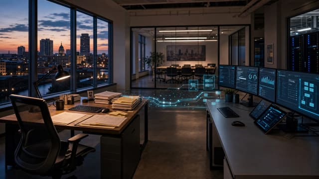 Empty Northeast Indiana office workspace with two facing desks, illustrating the human-to-AI workforce transition Fort Wayne employers will navigate in 2026.