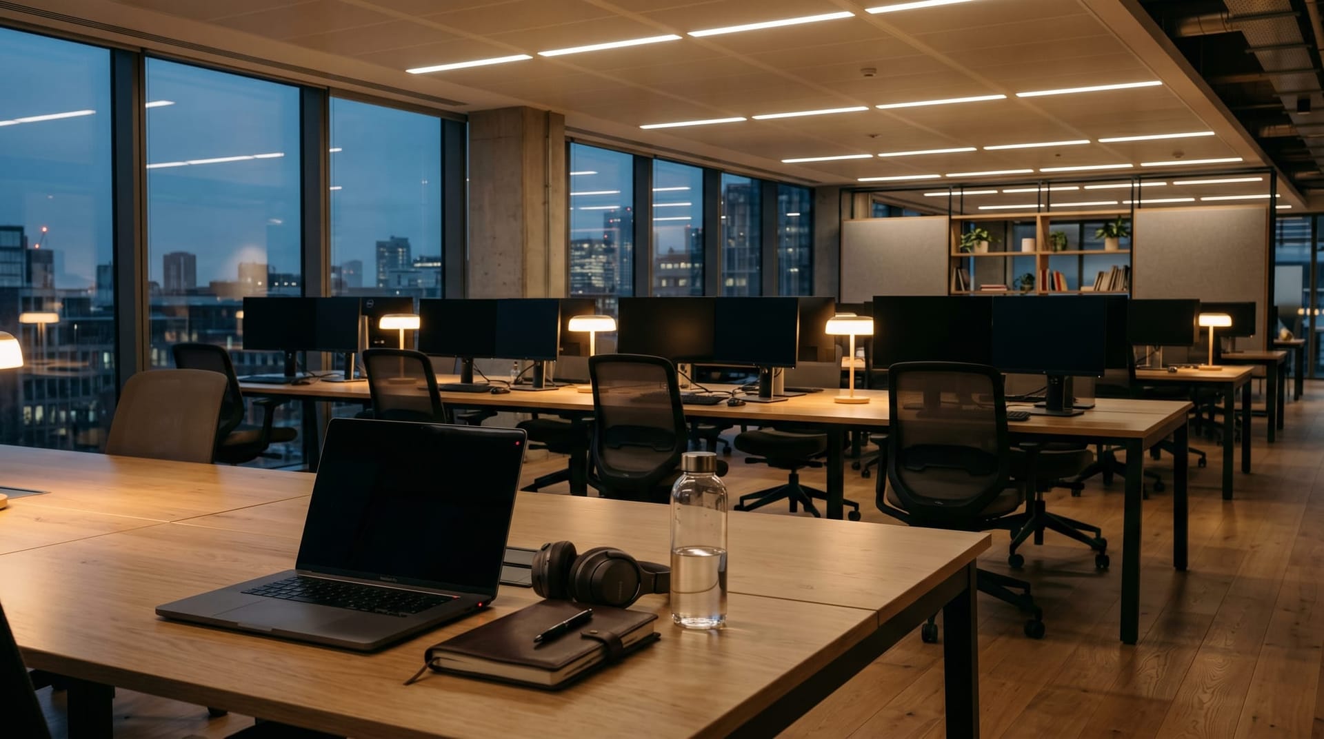 Quiet open-plan tech office at evening with one desk in soft focus showing a notebook and headphones, representing the AI doubles documentation pattern.