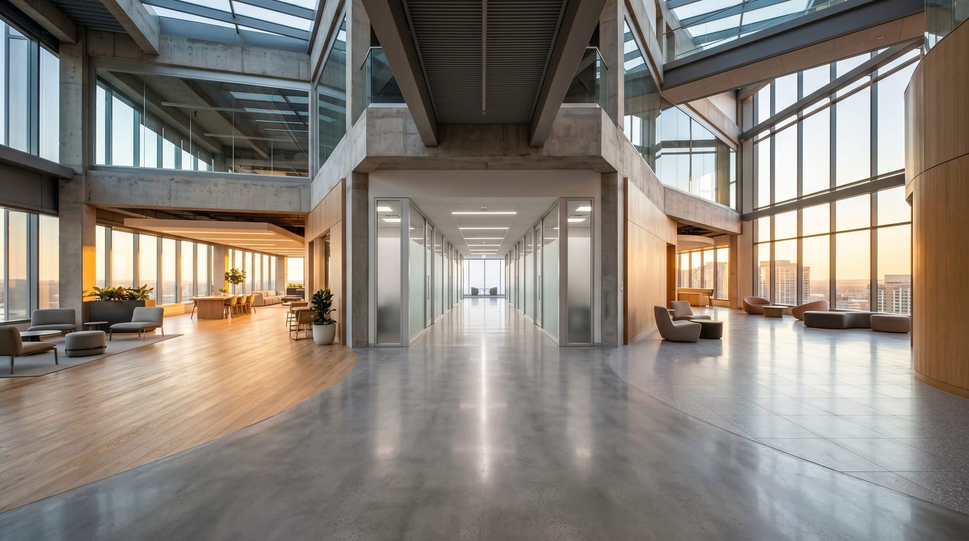 Three architectural pathways diverging from a single corridor representing the augment, reallocate, and replace lanes for an AI workforce transition.