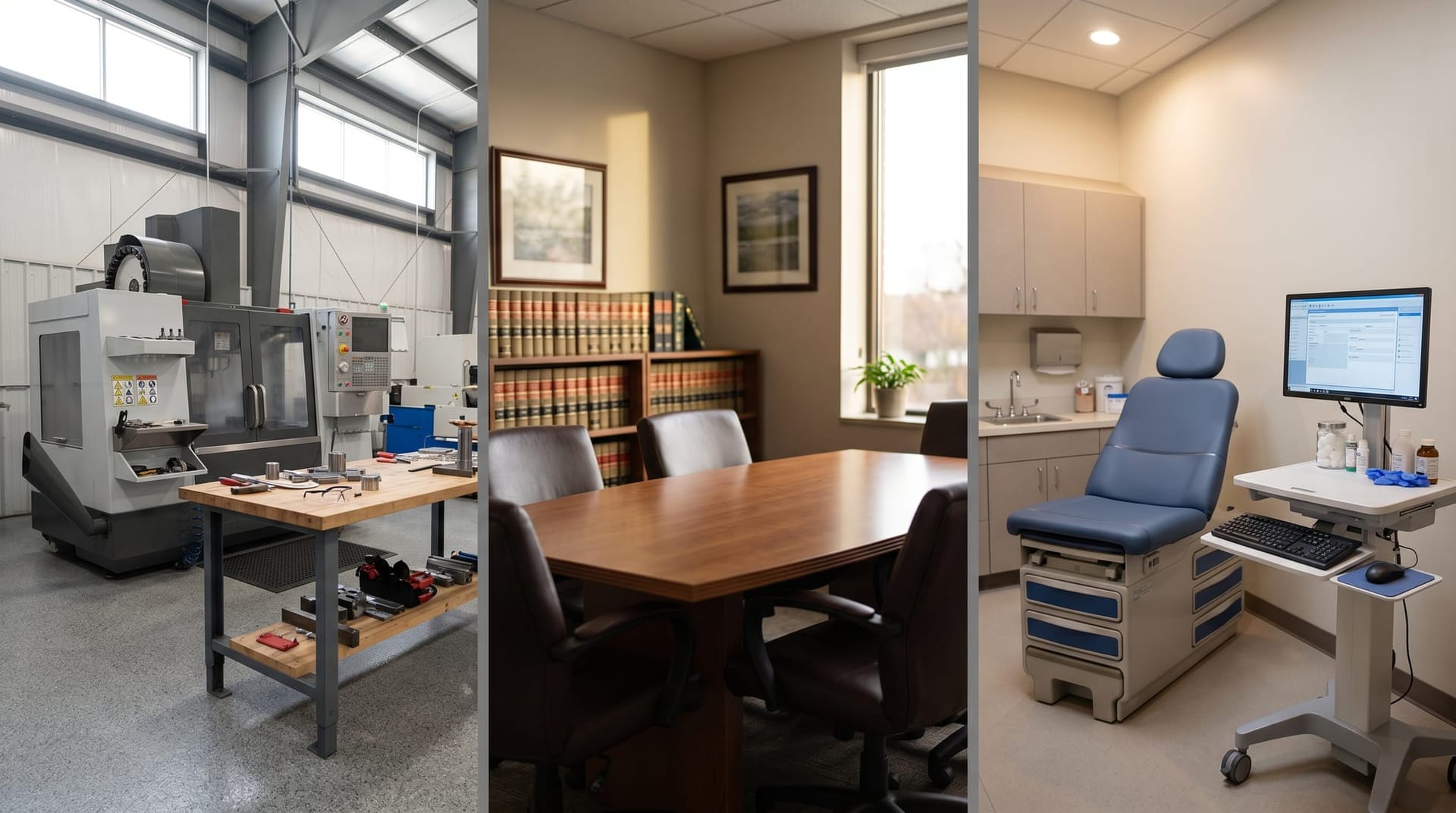 Triptych of a Northeast Indiana manufacturing floor, a small law firm conference room, and a clinical exam room representing three AI workforce transition archetypes.