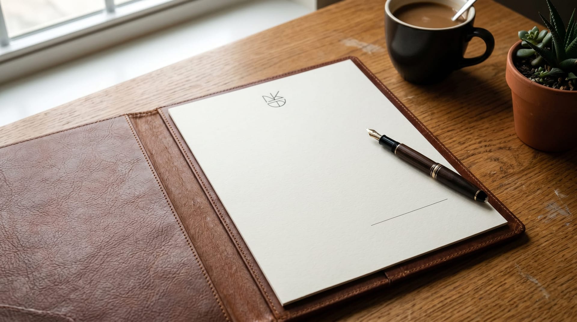Closeup of an open paper agreement folder with a blank signature line and a pen on a wooden desk, representing the written AI transition clause.