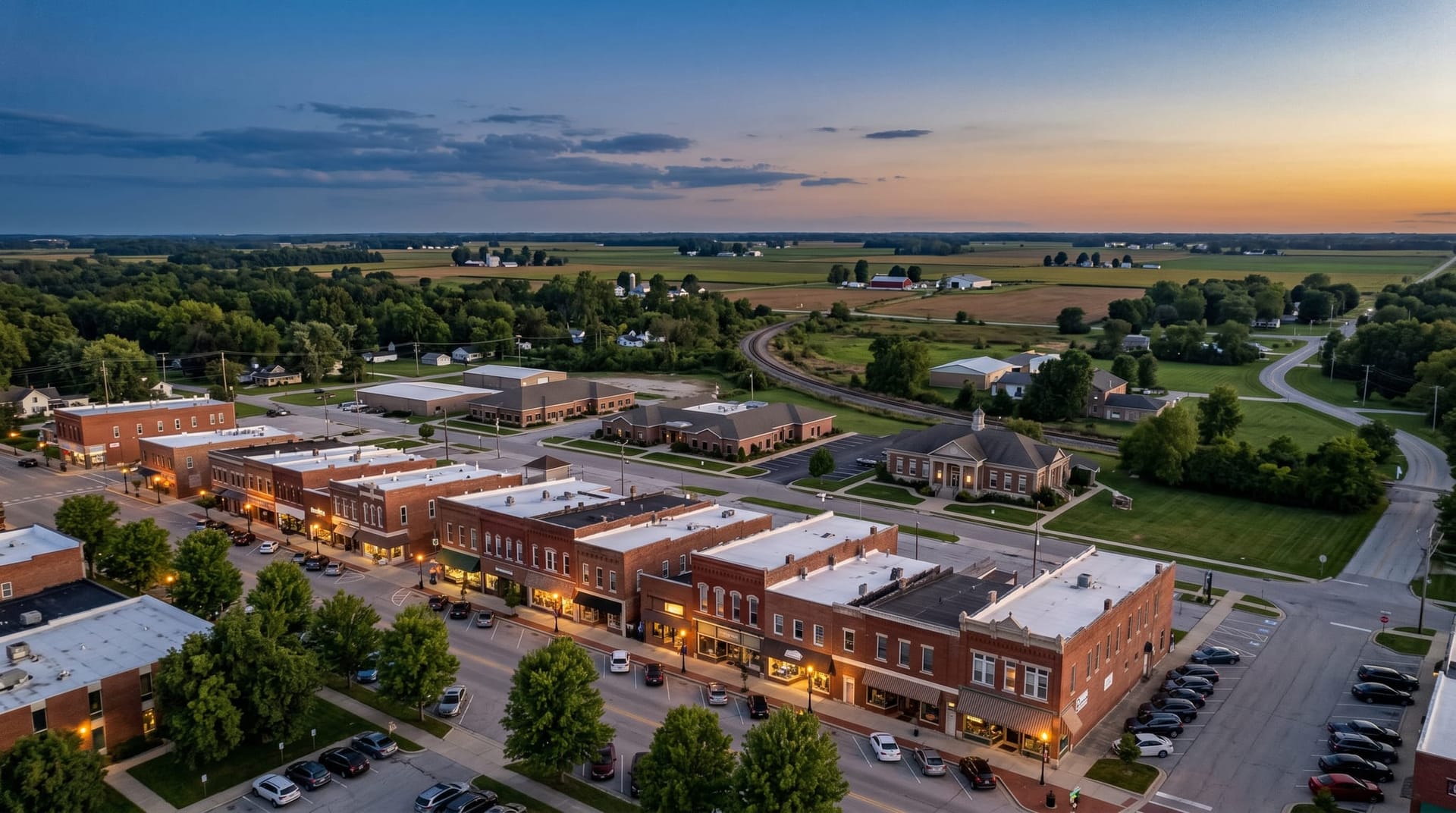 Aerial twilight image of a Northeast Indiana small-business district representing the Fort Wayne workforce planning playbook for AI deployment.