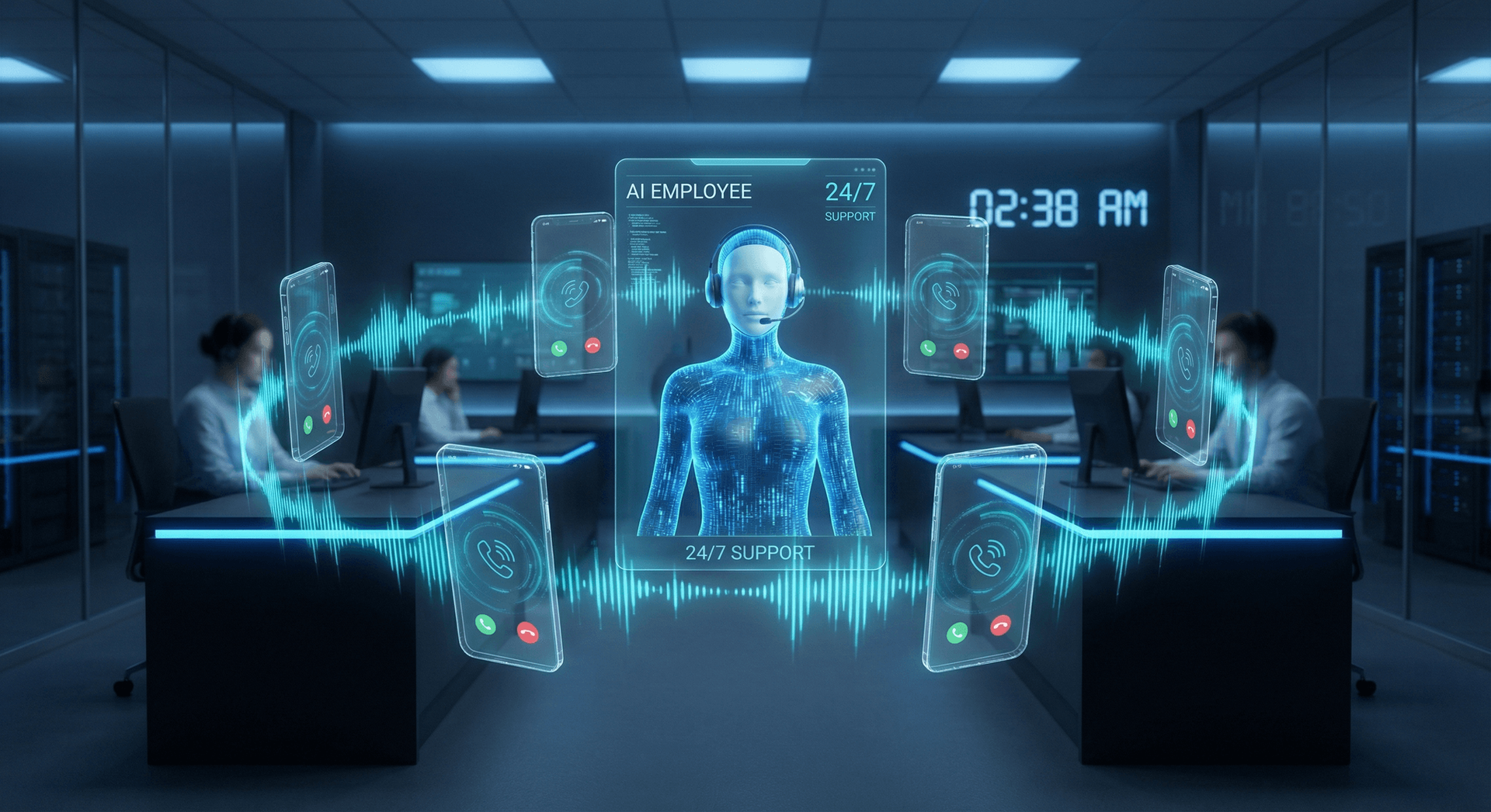 Step-by-step visualization of an AI Employee handling a customer call from greeting through resolution and follow-up