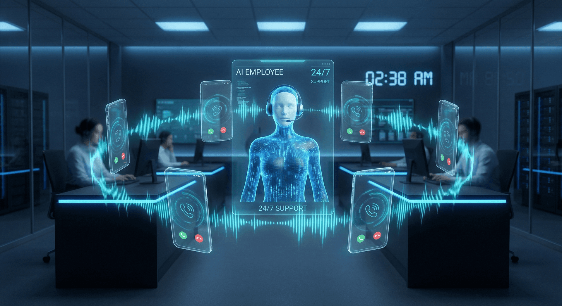 Step-by-step visualization of an AI Employee handling a customer call from greeting through resolution and follow-up