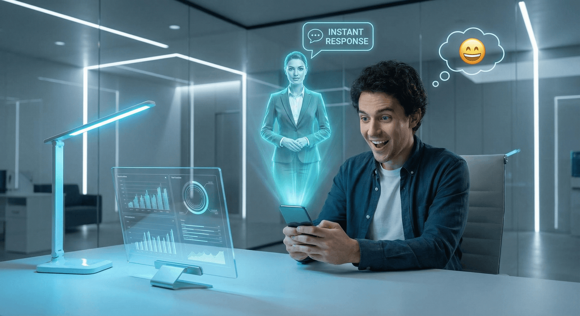 AI Employee managing simultaneous customer interactions across phone, text, email, and chat channels with unified context