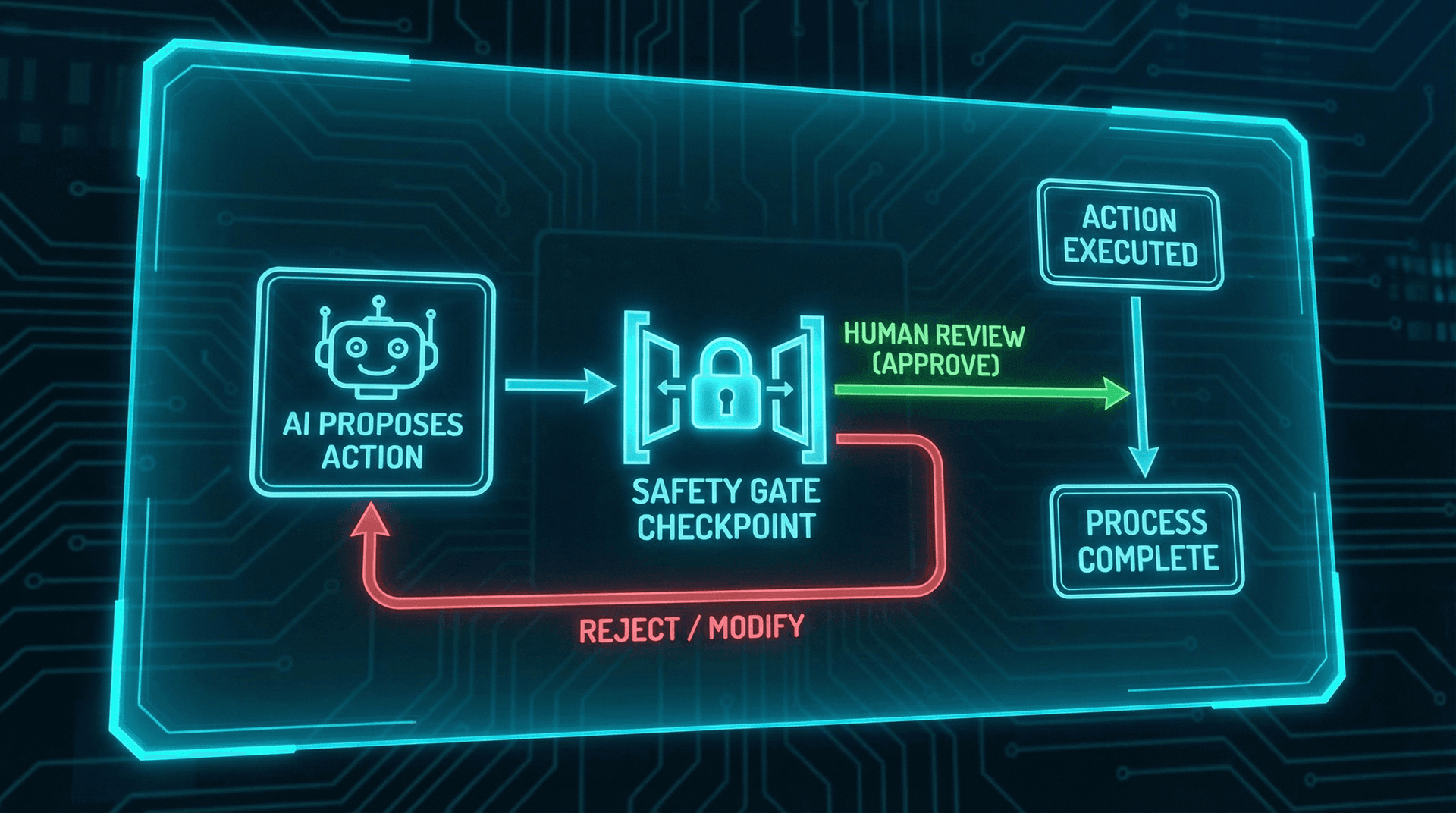 Visual flow diagram showing how a human approval gate intercepts an AI employee's workflow — action classification, gate trigger, human review, and execution or rejection