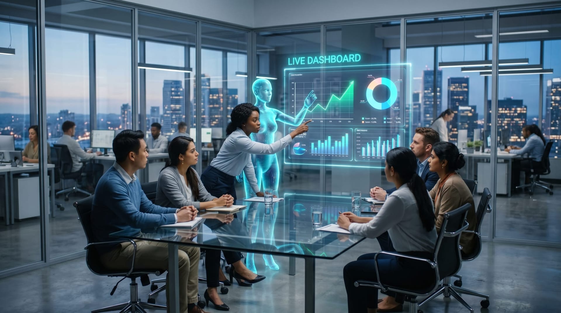 A diverse business team around a glass conference table watching a holographic AI employee maintain a live, updating operations dashboard