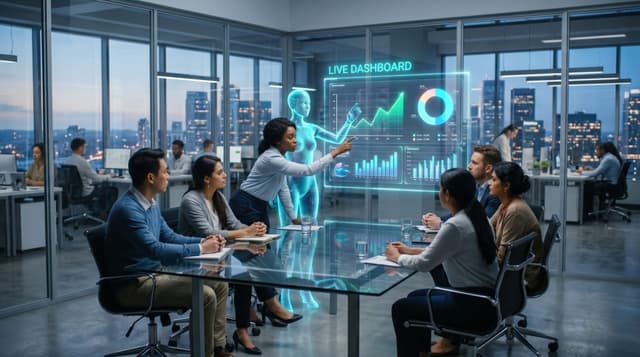 A diverse business team around a glass conference table watching a holographic AI employee maintain a live, updating operations dashboard